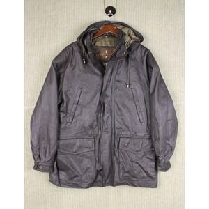 Vintage Mens Brown Leather Field Jacket Hooded Quilted Parka XL